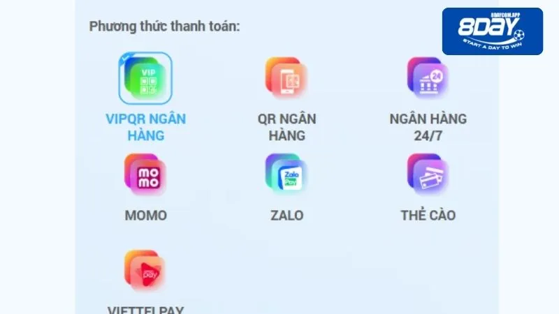 Nạp tiền 8DAY nhanh chóng, bảo mật, an toàn và hiệu quả 2 Điều kiện quan trọng kiếm thưởng 8DAY là nạp tiền