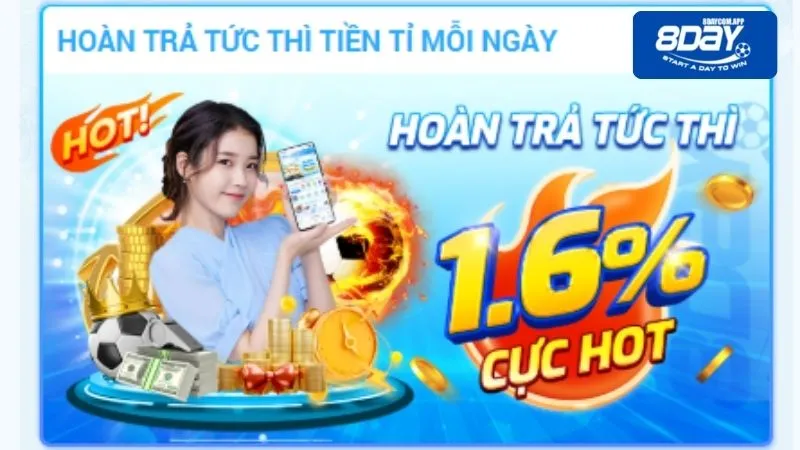 Khuyến mãi hoàn trả tức thì 1.6% tại nhà cái online 8DAY 3 Tham gia nhận hoàn trả tức thì 1.6% không lo cháy ví